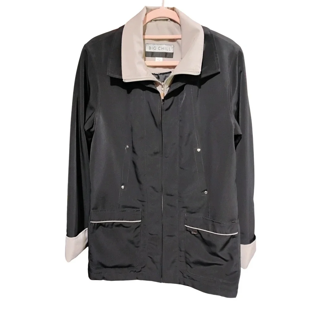 Big Chill Women's Black Zip Front Jacket Lightweight‎ Contrast Collar Size Small